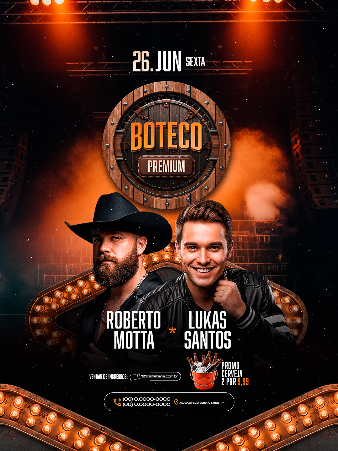 Flyer Show Boteco Premium 26 Junho Roberto Motta e Lukas Santos PSD Editável